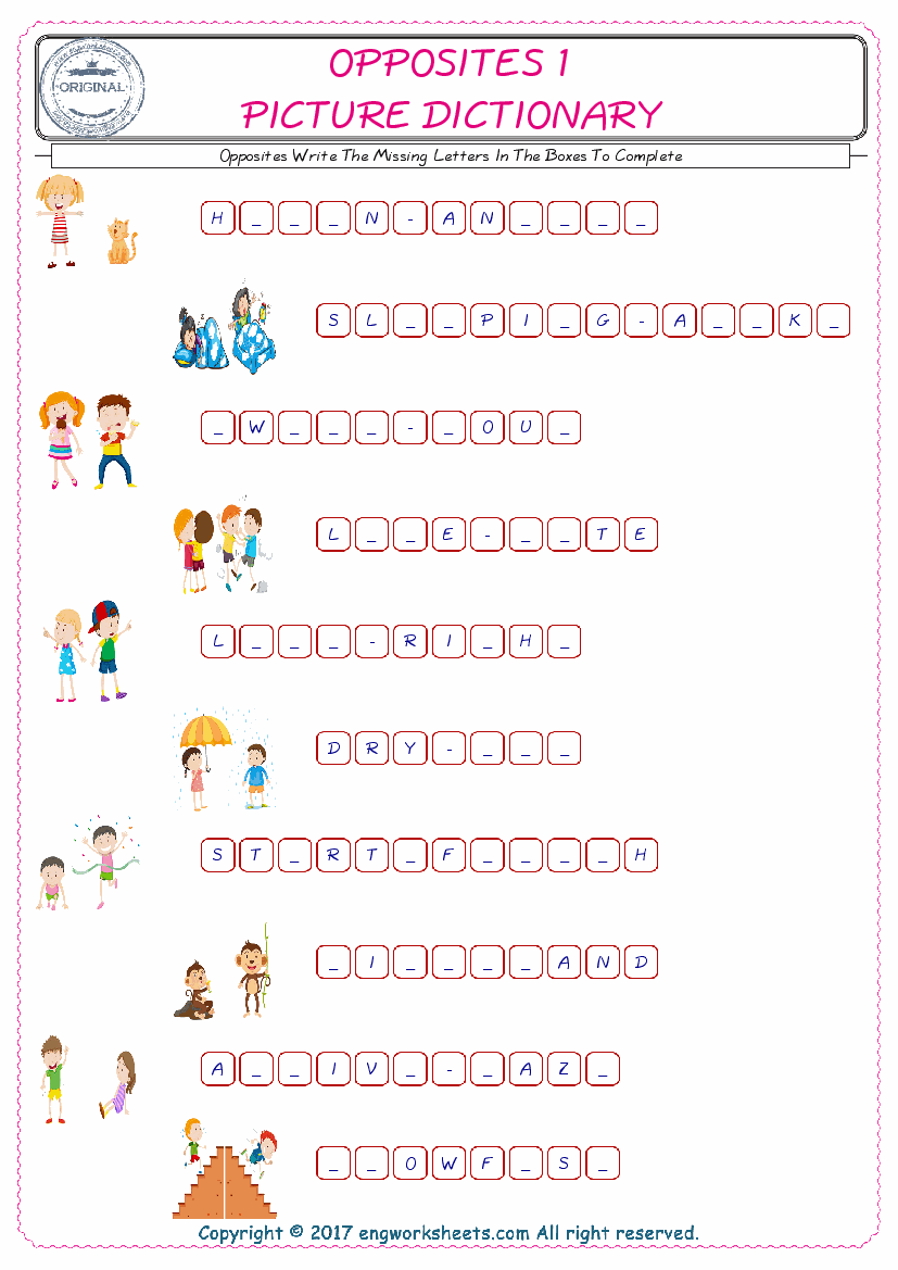  Type in the blank and learn the missing letters in the Opposites words given for kids English worksheet. 